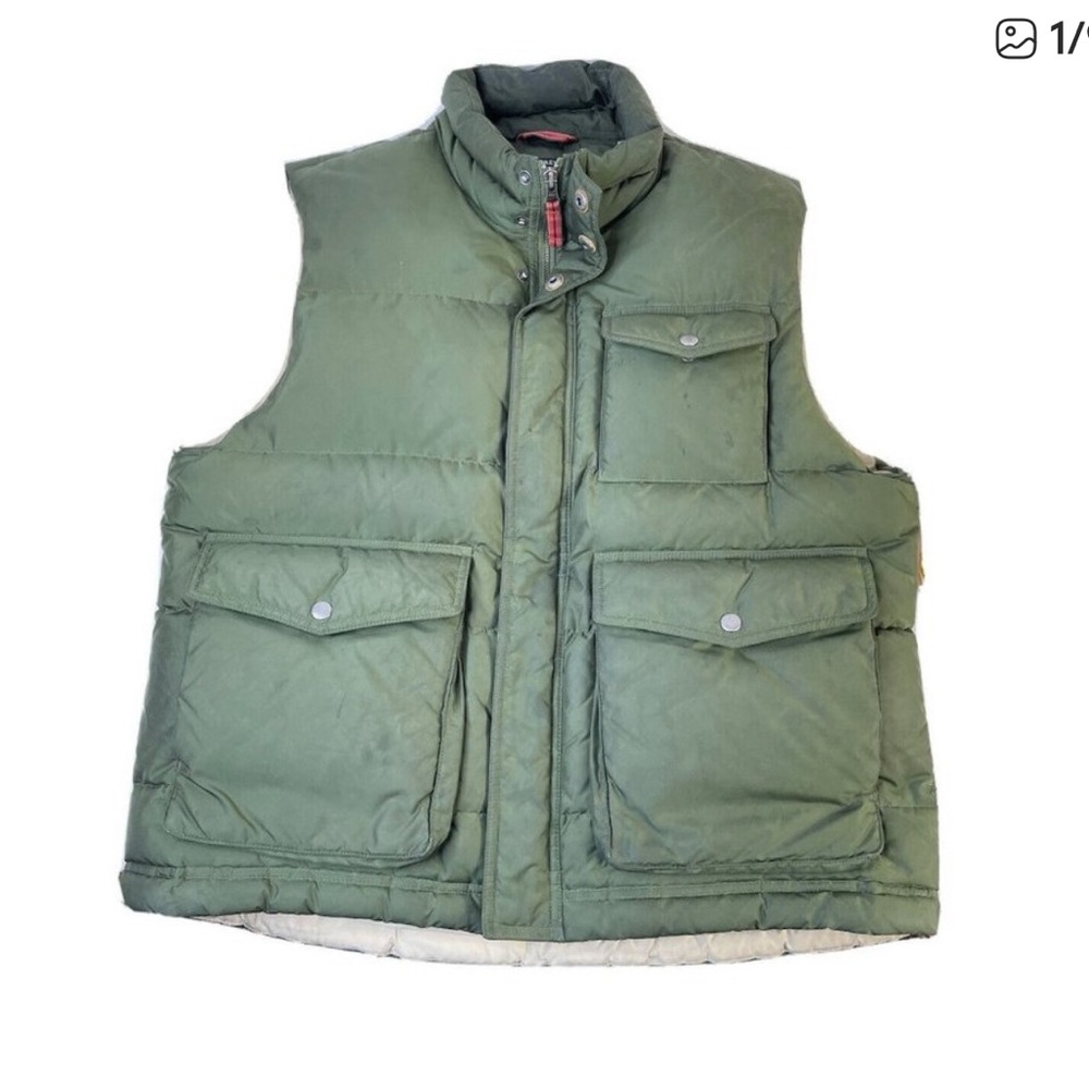 J. Crew Down Filled Button Zip Up Green Cargo Style Puffer Vest, Medium